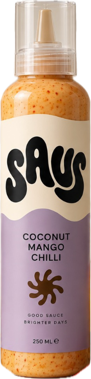 SAUS-Flasche Coconut Mango Chilli mit cremefarbenem Logo-Etikett und fliederfarbenem Unterteil