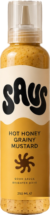 SAUS-Flasche Hot Honey Grainy Mustard mit cremefarbenem Logo-Etikett und senfgelbem Unterteil