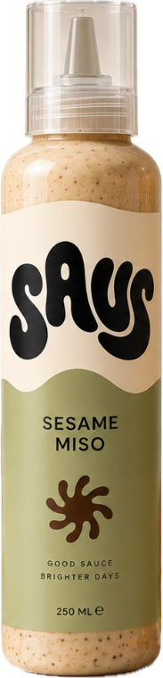SAUS-Flasche Sesame Miso mit cremefarbenem Logo-Etikett und salbeigrünem Unterteil
