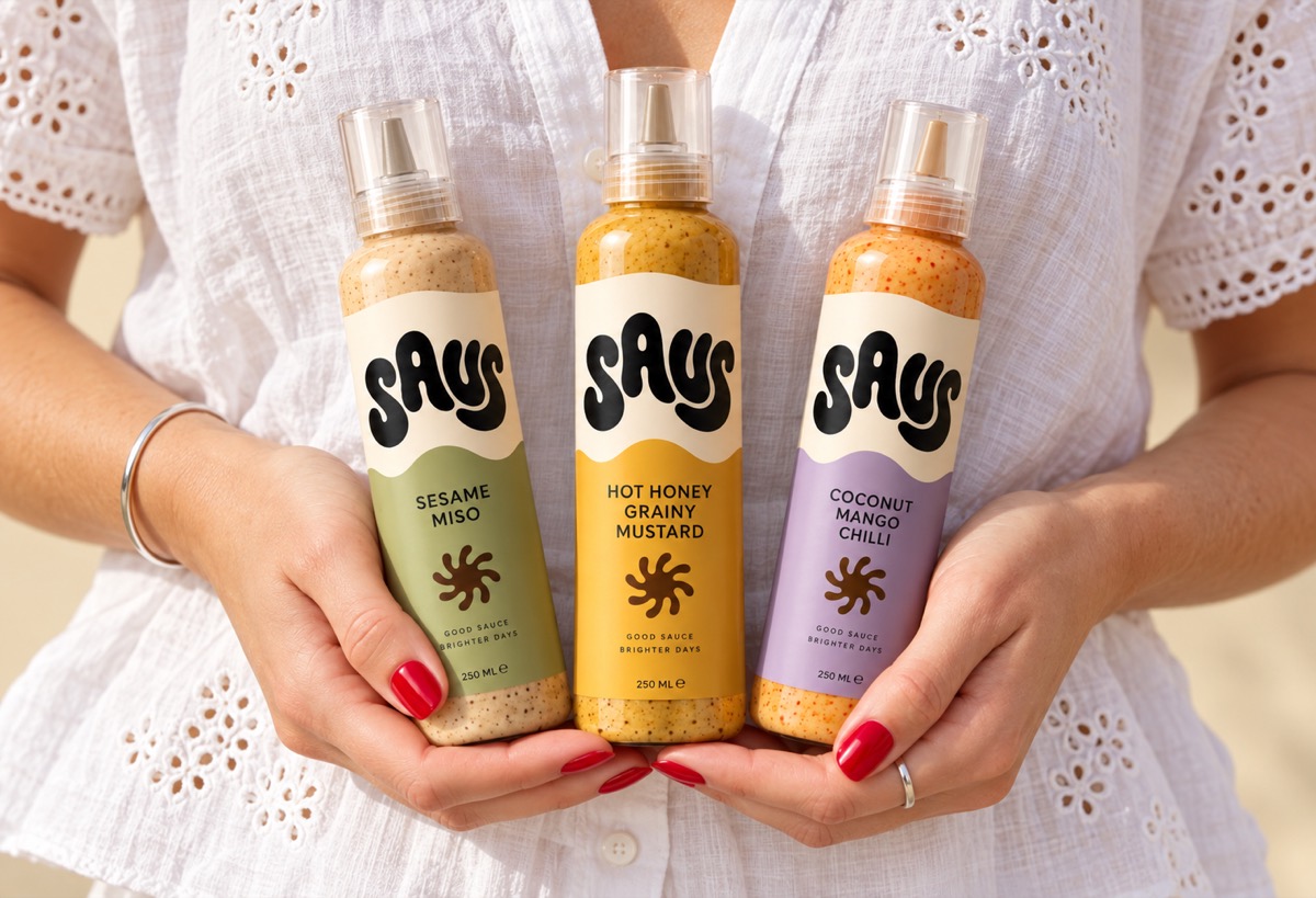 Zwei Hände mit rot lackierten Nägeln halten die drei SAUS-Flaschen Sesame Miso, Hot Honey Grainy Mustard und Coconut Mango Chilli vor einer weißen Bluse mit Lochstickerei